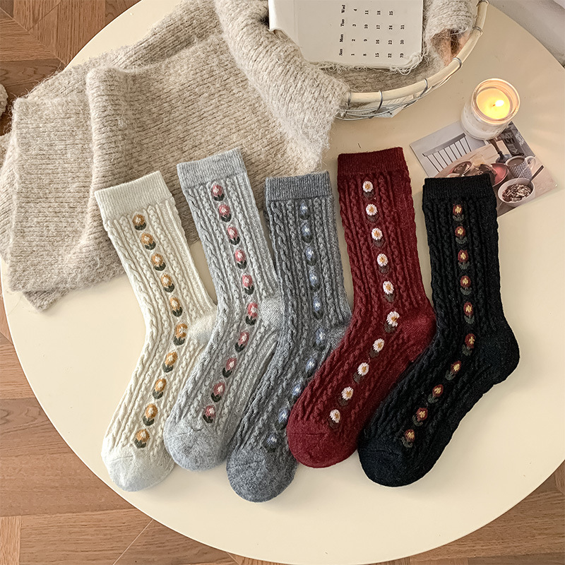 Korean Sweet Floral Wool Mid-C - đánh giá và giá Boot Sock Slouchy